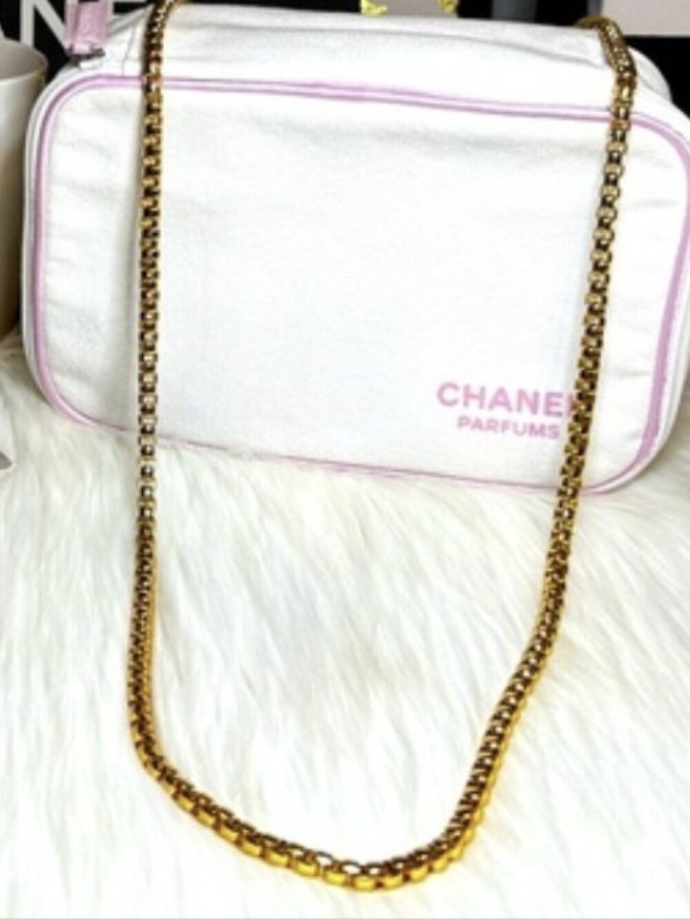 CHANEL Canvas Cosmetic Beauty Bag with Pink Trim... EUC